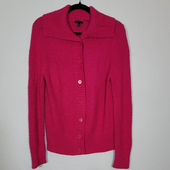 Talbots Sweaters - Talbots Chunky Knit Button Up Cardigan Size M Pink Johnny Collar Wool Blend